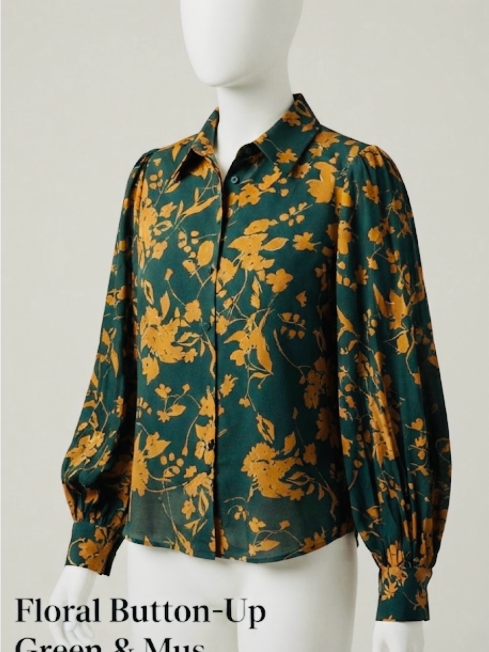 Floral Button-Up Blouse - Dark Green & Mustard